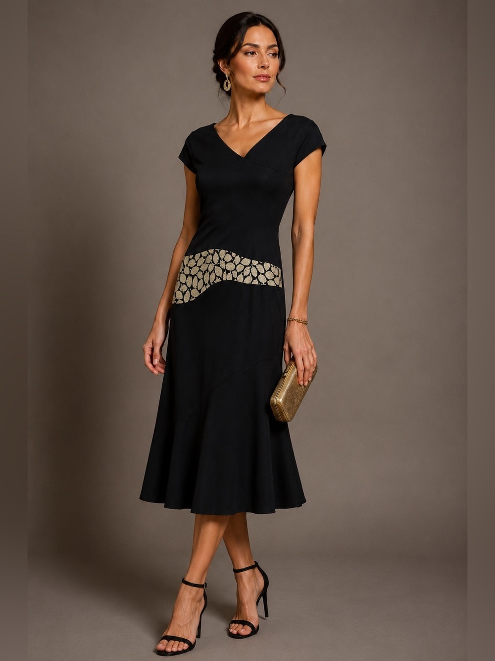 VTG Vera Wang Silk Black Asymmetrical Maxi Dress Leaf Brocade Waist Accent Sz 4
